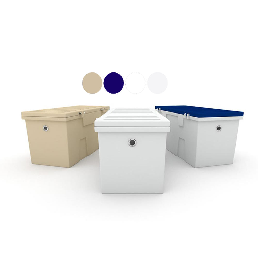 LARGE TitanSTOR Roto-molded Dock Boxes, 24"W x 27"H x 86"L (White Box, Blue Top)